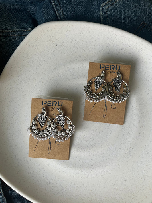 Oxidised Silver Hoop Earrings with Pearl Beads