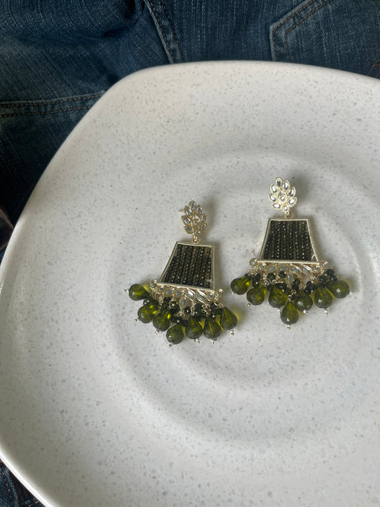 Stunning Olive Green and Silver Toned Statement Earrings
